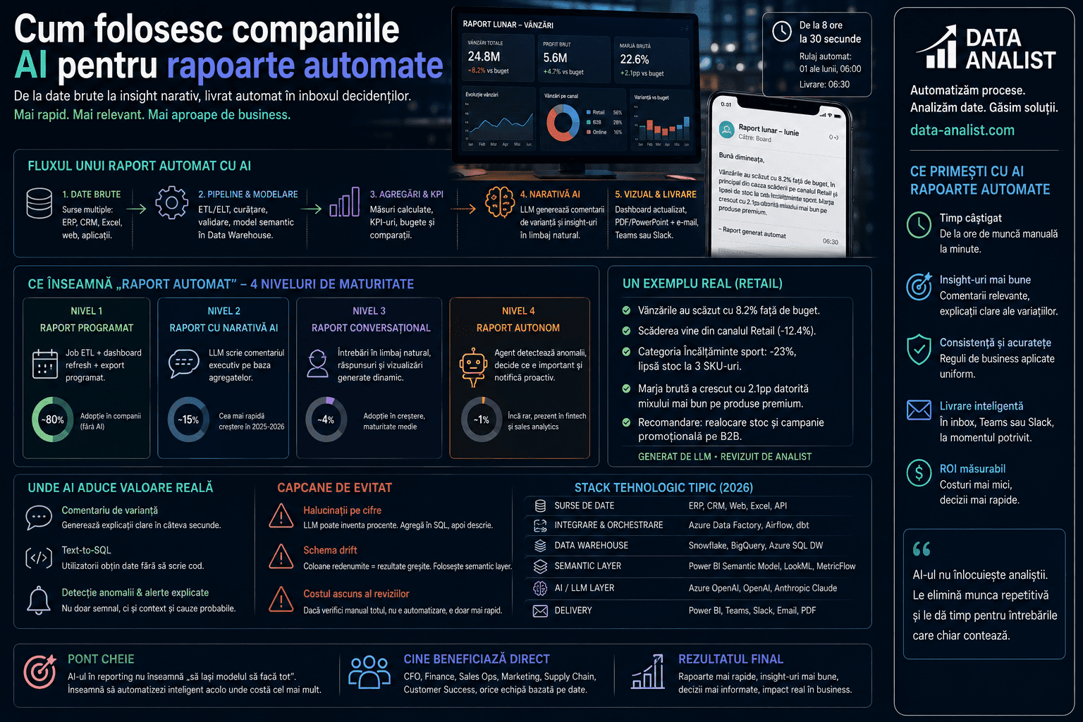 AI pentru rapoarte automate în companii — generare narativă, agenți Copilot, pipeline-uri augmentate pe Power BI și Tableau