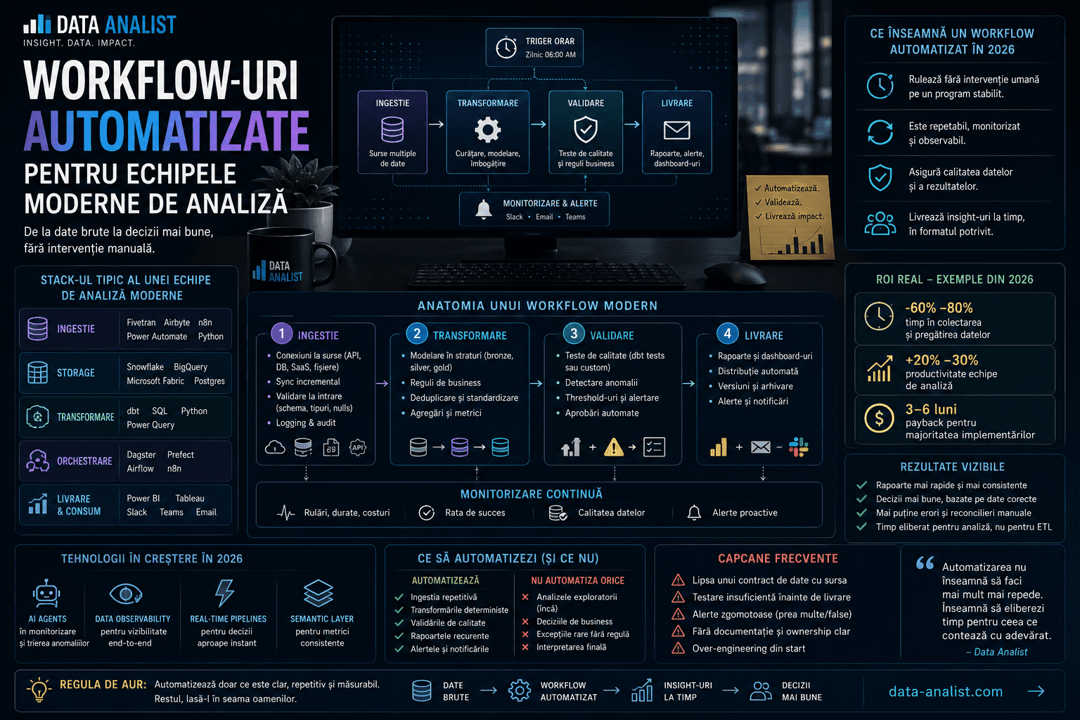 Workflow automatizat pentru echipe de analiză — pipeline-uri end-to-end de la ingestie la livrare cu Power Automate, n8n, Airflow