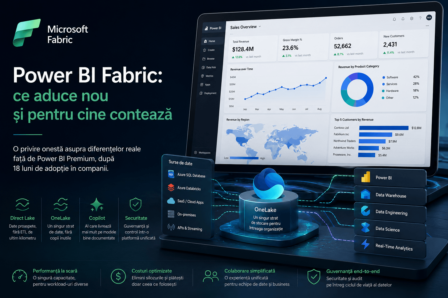 Microsoft Fabric pentru Power BI — OneLake, Direct Lake, semantic models, agenți și unificarea analytics-ului în Azure
