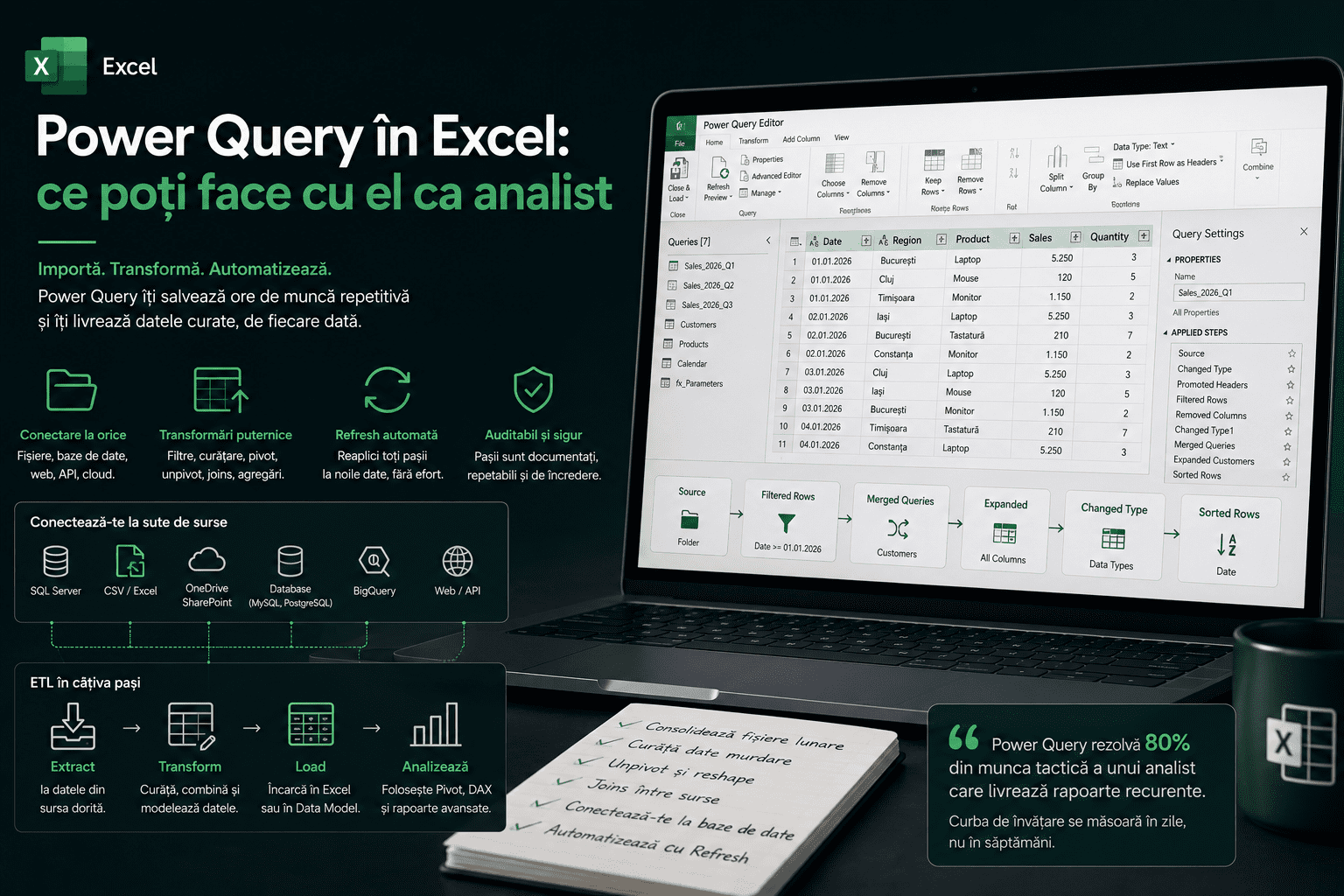 Power Query în Excel: ce poți face cu el ca analist Power Query în Excel pentru analiști — import multi-sursă, transformări vizuale, M language și pipeline-uri reutilizabile